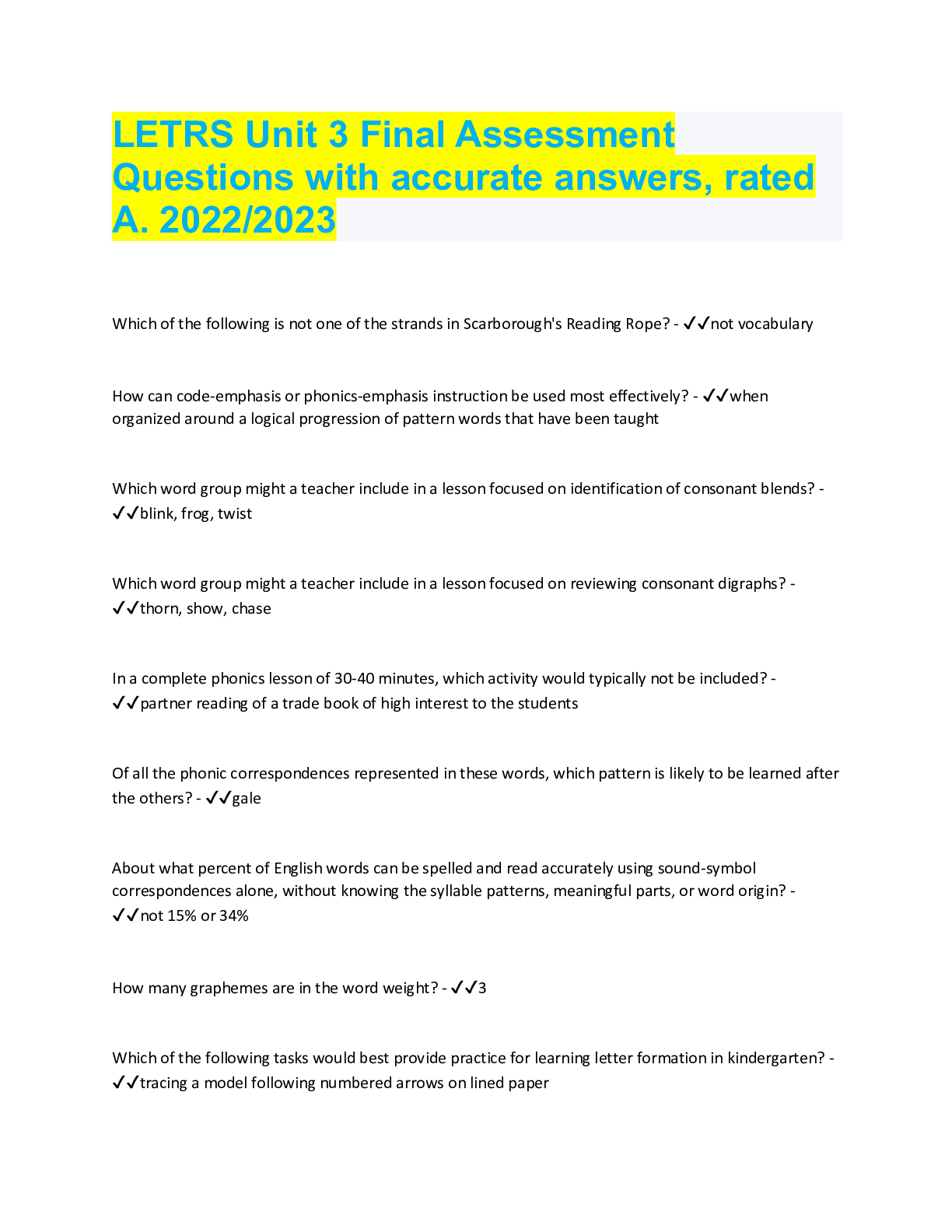 Preview image for LETRS-Unit-3-Final-Assessment| Questions and Answers, Latest updates.